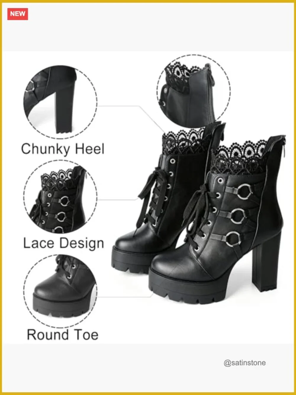 Chunky Heel Lace Up Ankle Boots with Zipper Round Toe Goth Punk Platform Booties - Picture 6 of 7